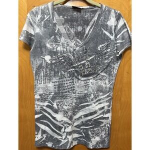 Daytrip Womens V Neck T-Shirt Shimmery Embellished Y2K Crown Wings Gray Sz L